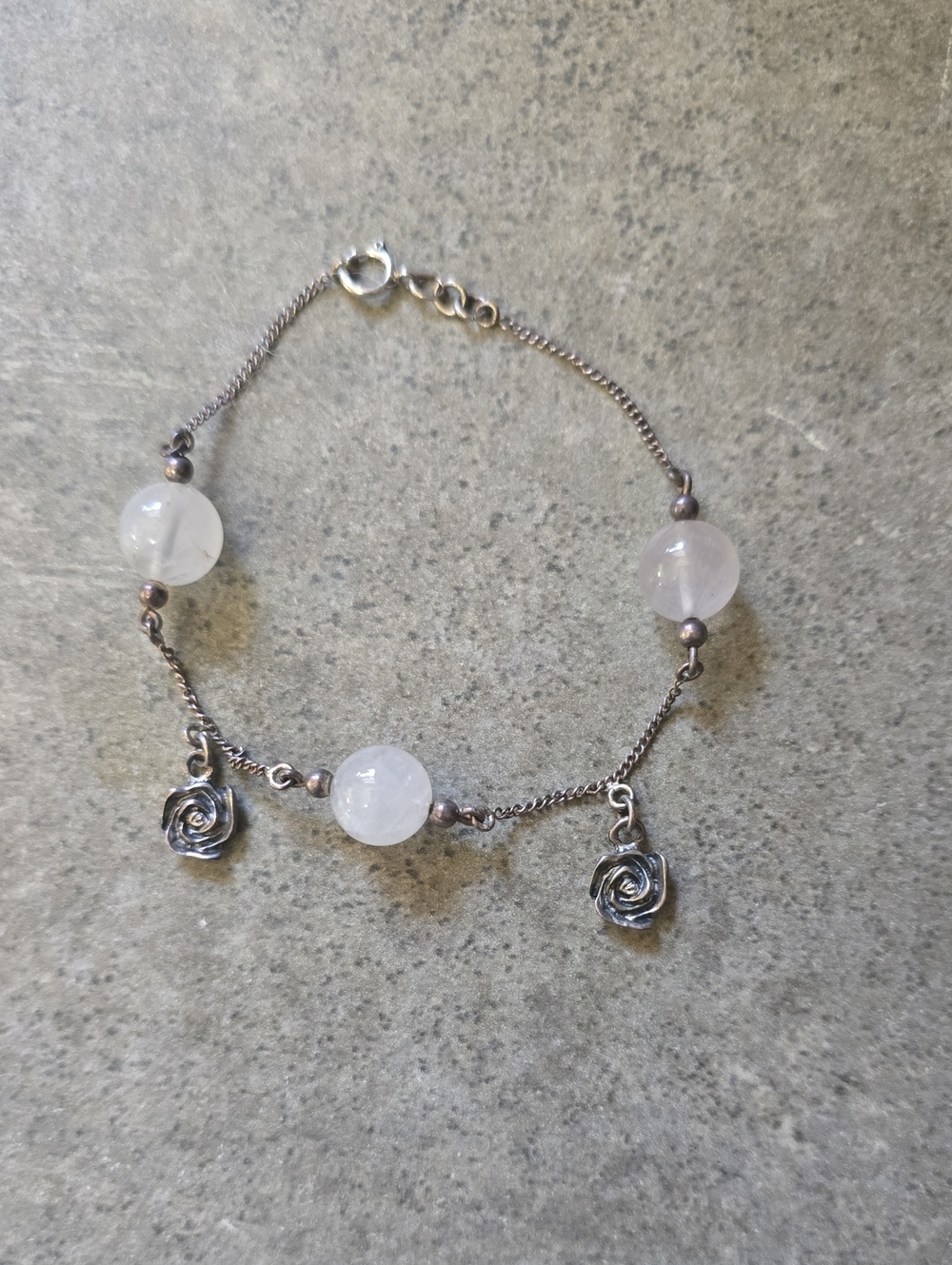 Silver Rose Charm Bracelet with White Beads